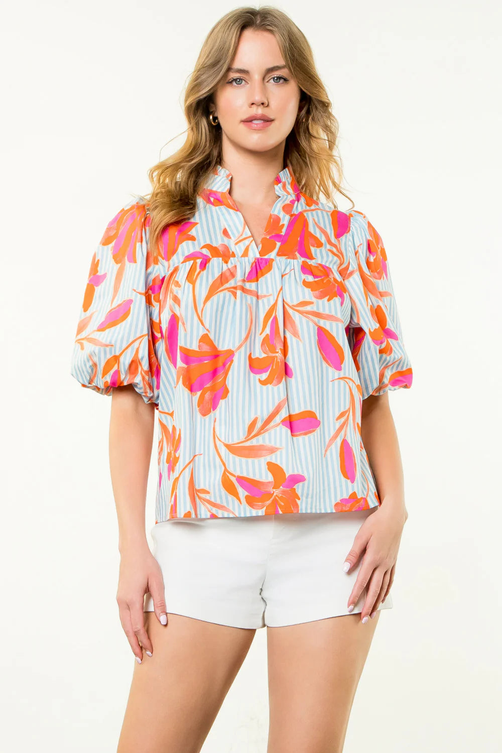 STRIPED FLORAL PUFF SLEEVE TOP Shop Expeditions