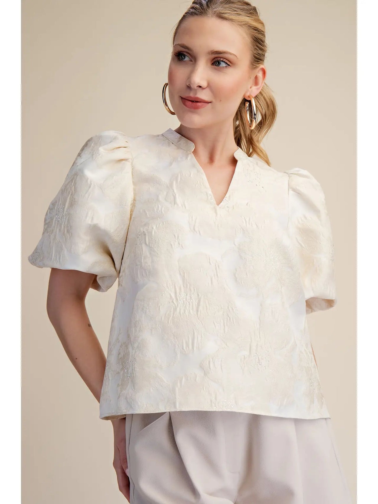 V-Neck Puff Sleeve Jacquard Top Glam