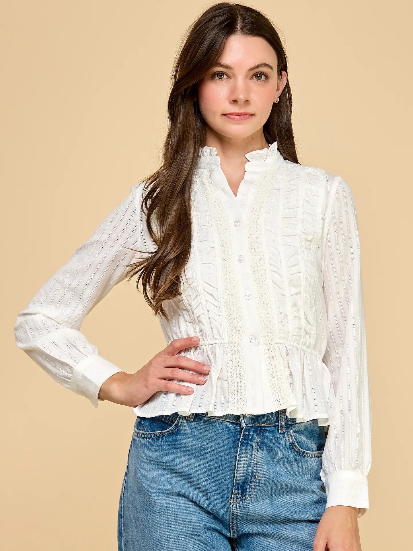 Ruffled Mock Neckline Front Button Down Blouse TCEC