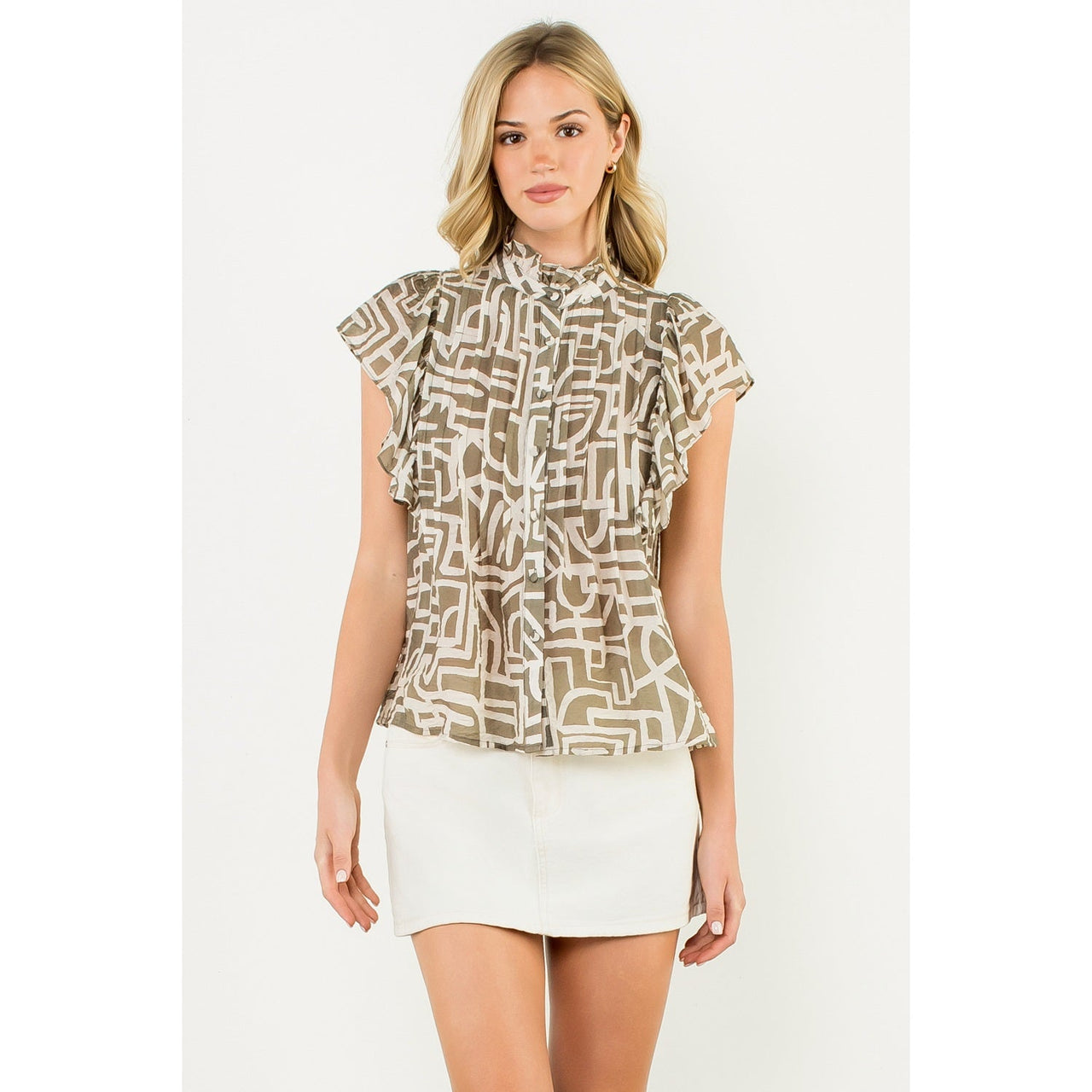 Flutter Sleeve Print Button Up Top THML