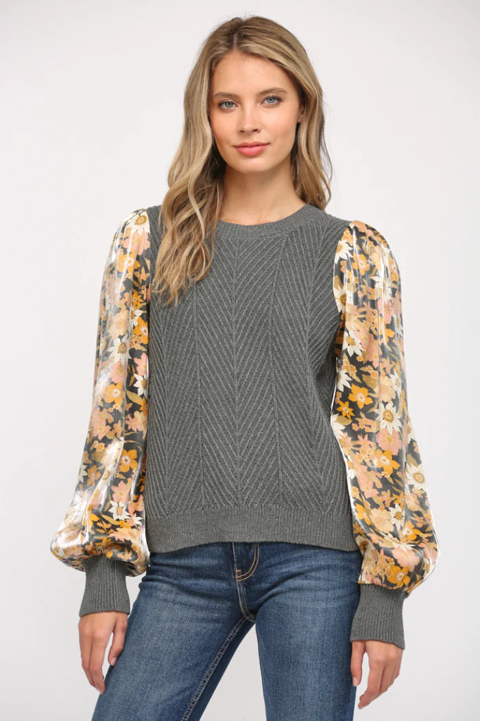 Contrast Printed Puff Sleeve Sweater