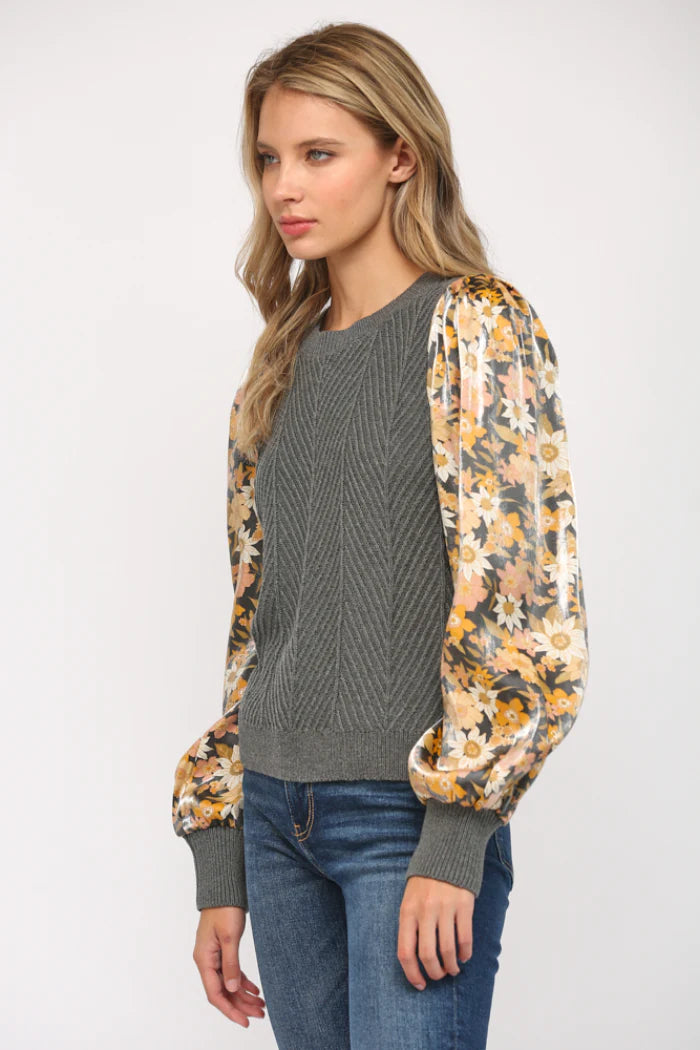 Contrast Printed Puff Sleeve Sweater