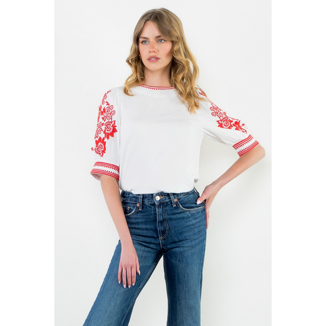 Embroidered Puff Sleeve Textured Top