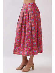 Side Zipper Pleated Detail Floral Midi Skirt TCEC
