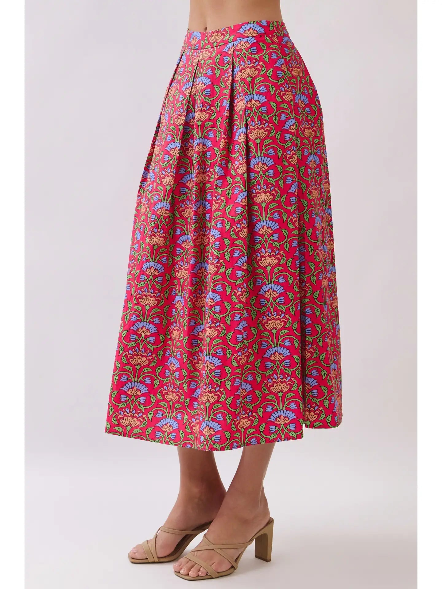 Side Zipper Pleated Detail Floral Midi Skirt TCEC