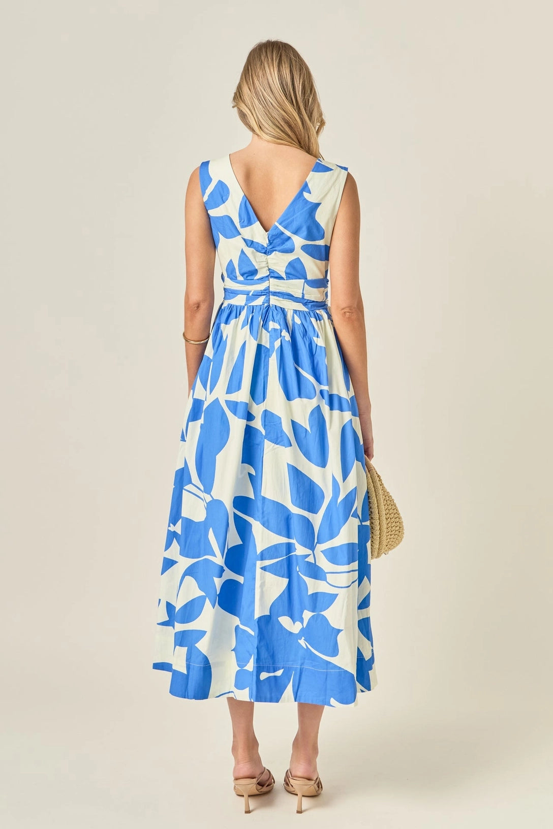 Puff Sleeve Print Ruched Midi Dress English Factory