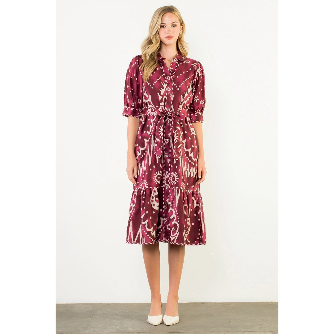 Long Sleeve Print Tiered Dress THML