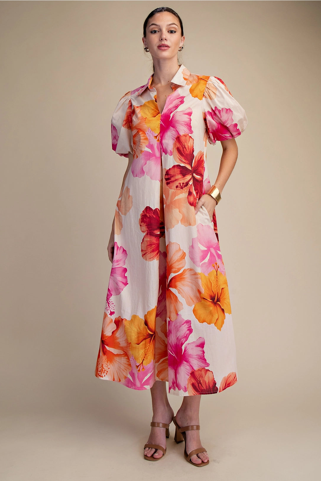 Collar V-Neck Pleated Midi Dress Glam