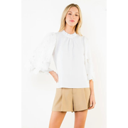 Eyelet Embrodiered Sleeve Top with Ruched Neckline THML