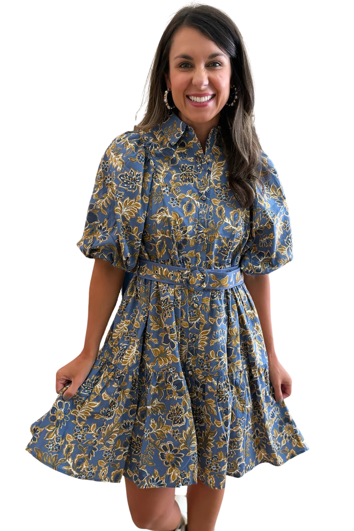 Blue & Gold Belted Mini Dress Olivaceous