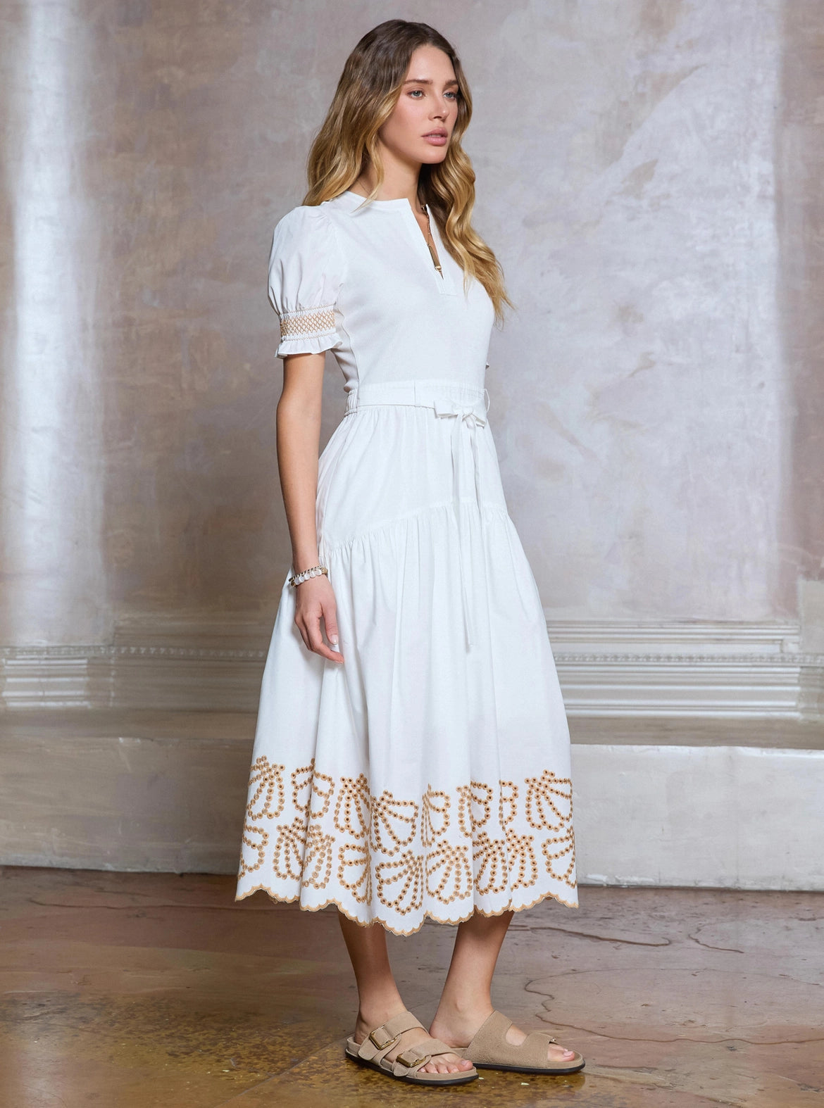 Embroidery Knit Woven Combo Midi Dress Current Air