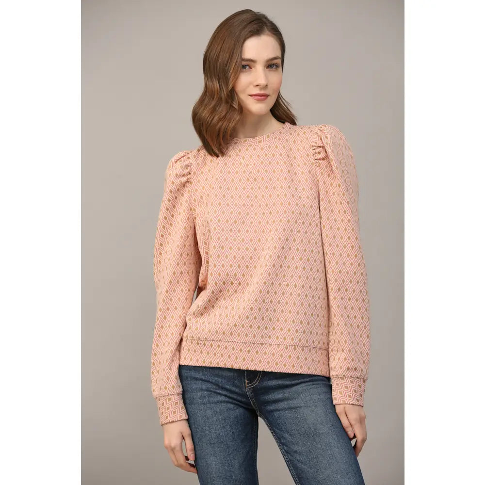 Geo Pattern Jacquard Knit Puff Sleeve Top