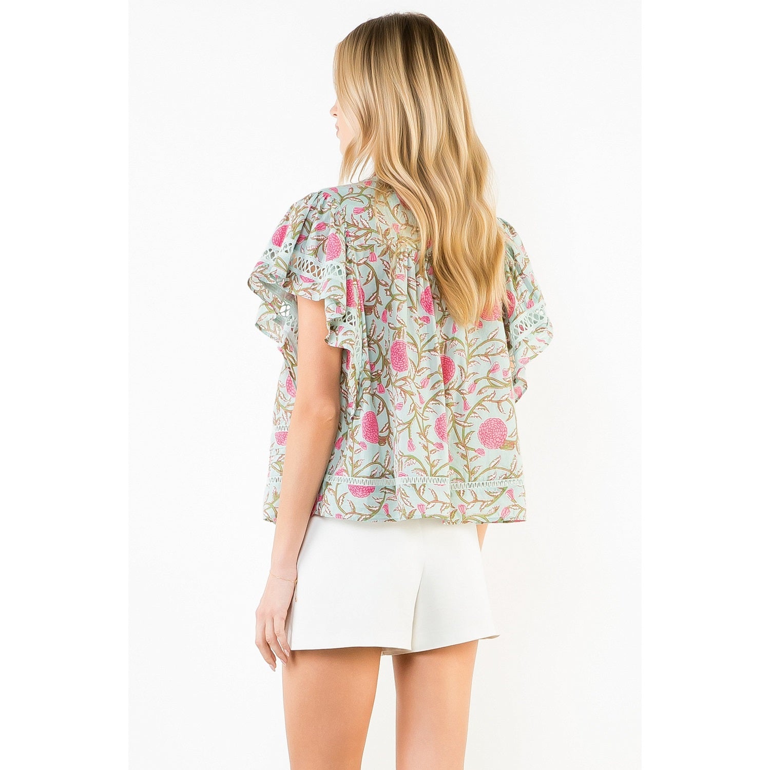 Floral Print Flutter Sleeve Top THML