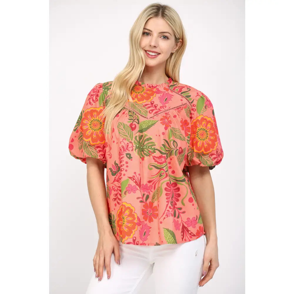 Lace Trim Floral Cotton Poplin Top