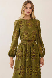 Embroidered Eyelet Puff Sleeve Crop Top TCEC