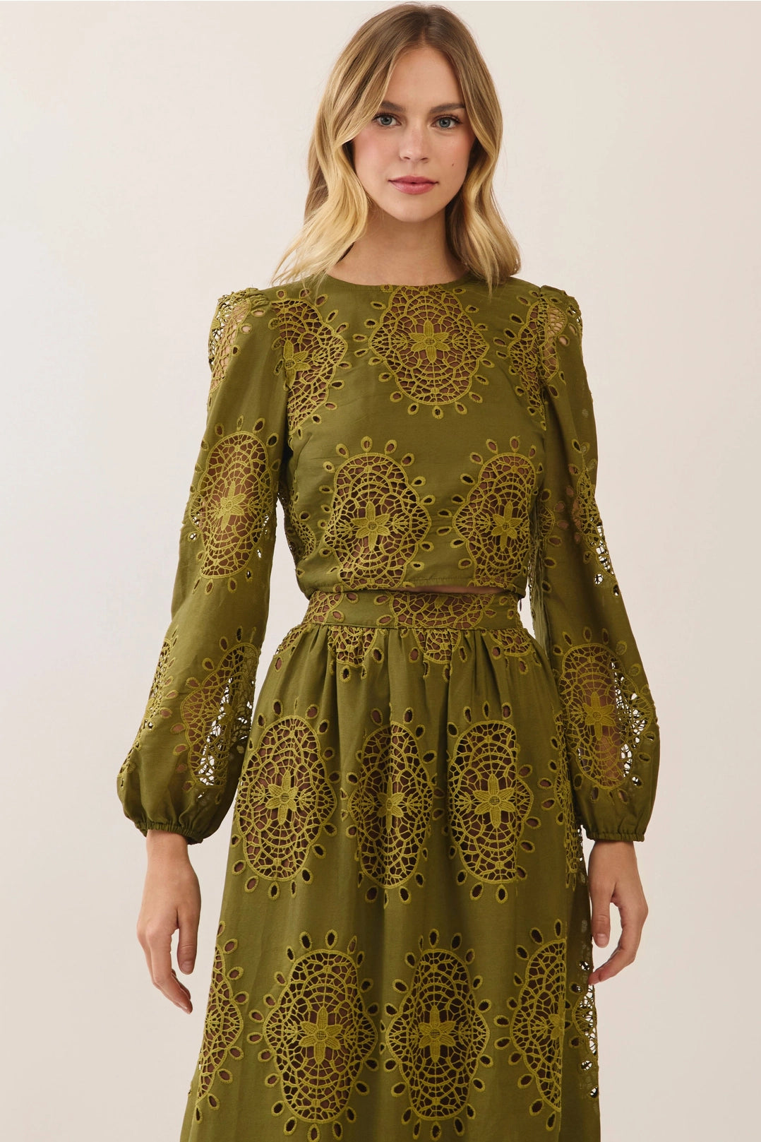 Embroidered Eyelet Puff Sleeve Crop Top TCEC