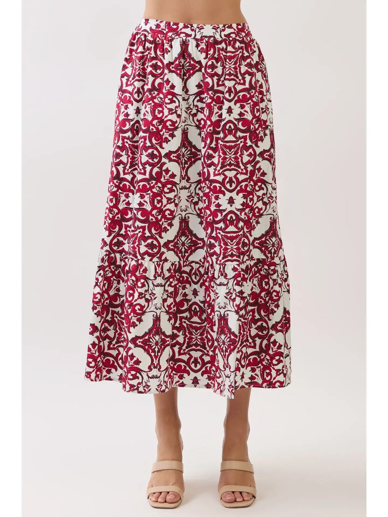 Baroque Print Tiered Midi Skirt TCEC