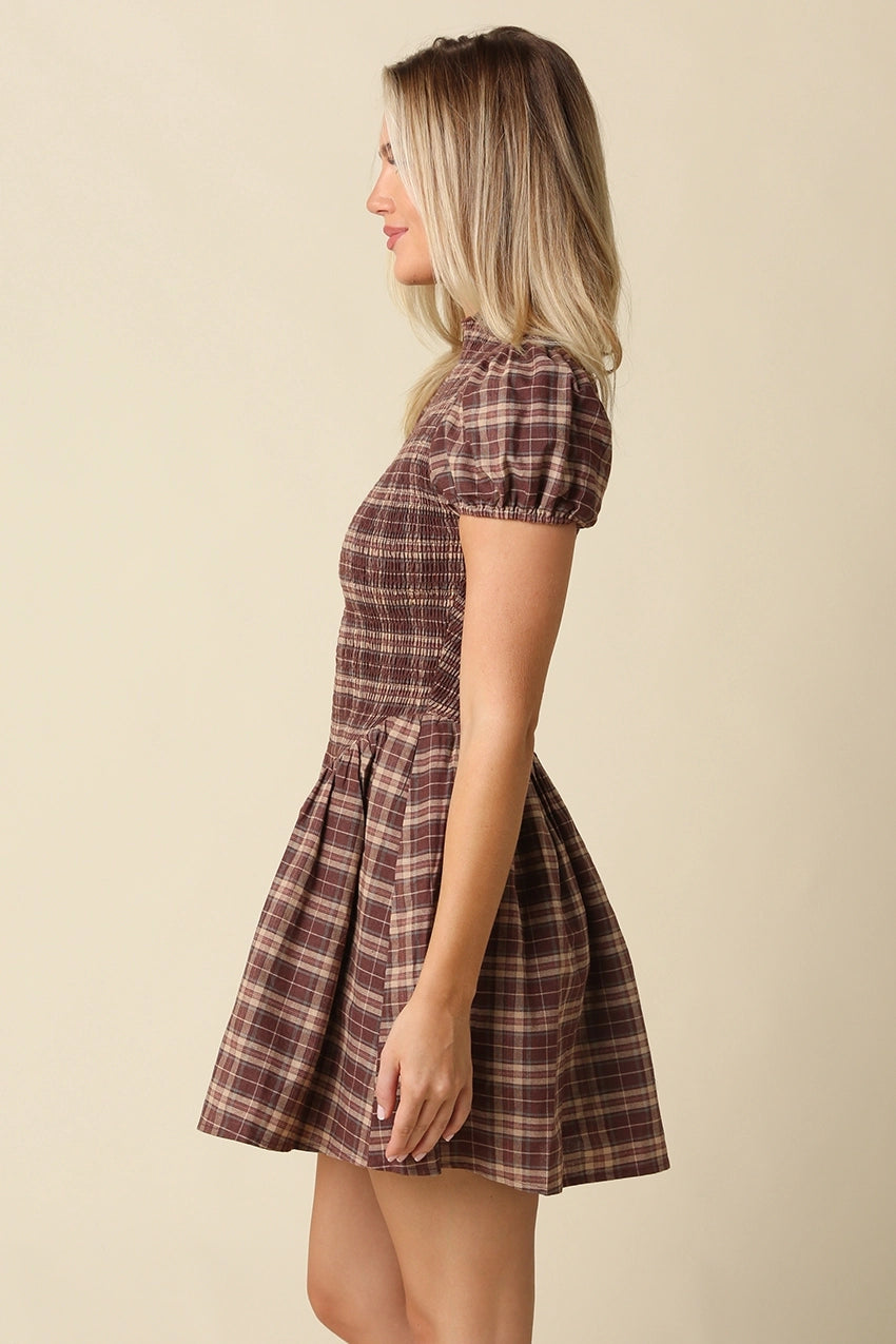 Rinsely Plaid Smocked Mini Dress Olivaceous