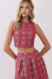 Floral Print Round Neckline Crop Top TCEC