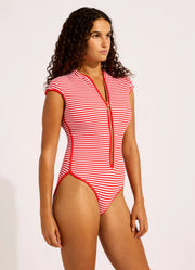 Seafolly Clubhouse Cap Sleeve Zip Front One Piece Swimsuit Seafolly