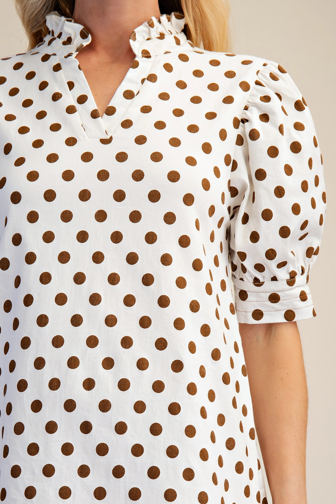 Ruffle V-Neck Puff Sleeve Polka Dot Mini Dress Glam