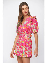 Botanical Print Lace Insert Belted Romper Fate