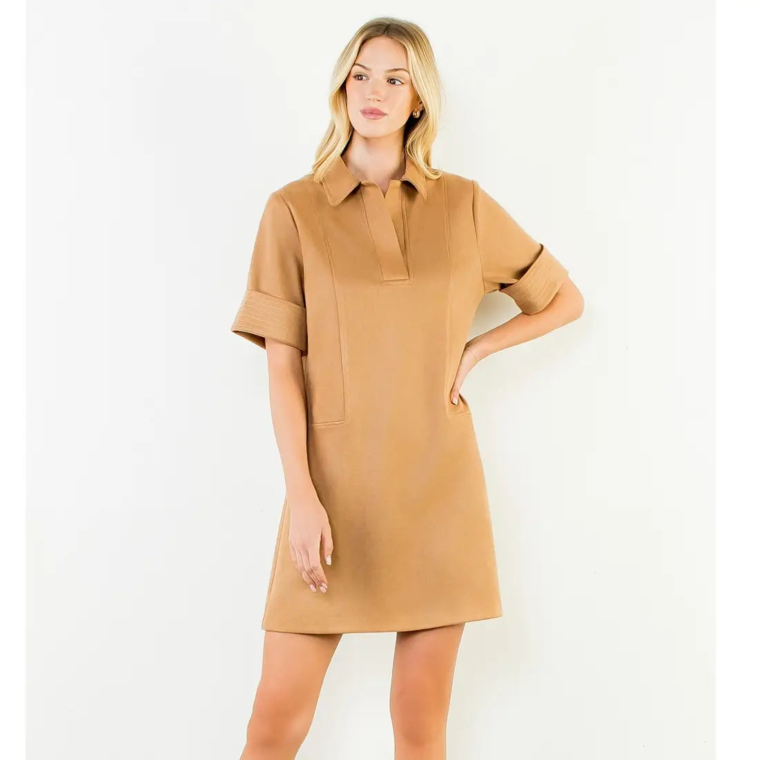 Collared Short Suede Solid Dress THML
