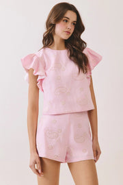 Paisley Eyelet Embroidered Flutter Sleeve Top TCEC
