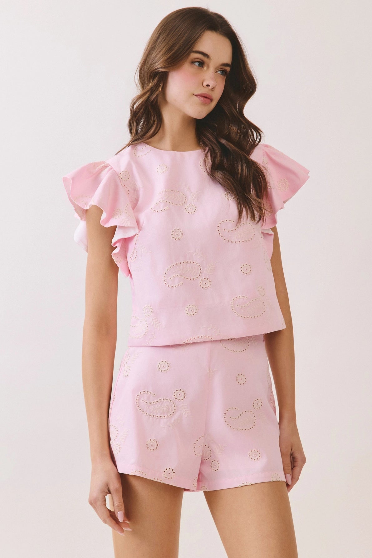 Paisley Eyelet Embroidered Flutter Sleeve Top TCEC