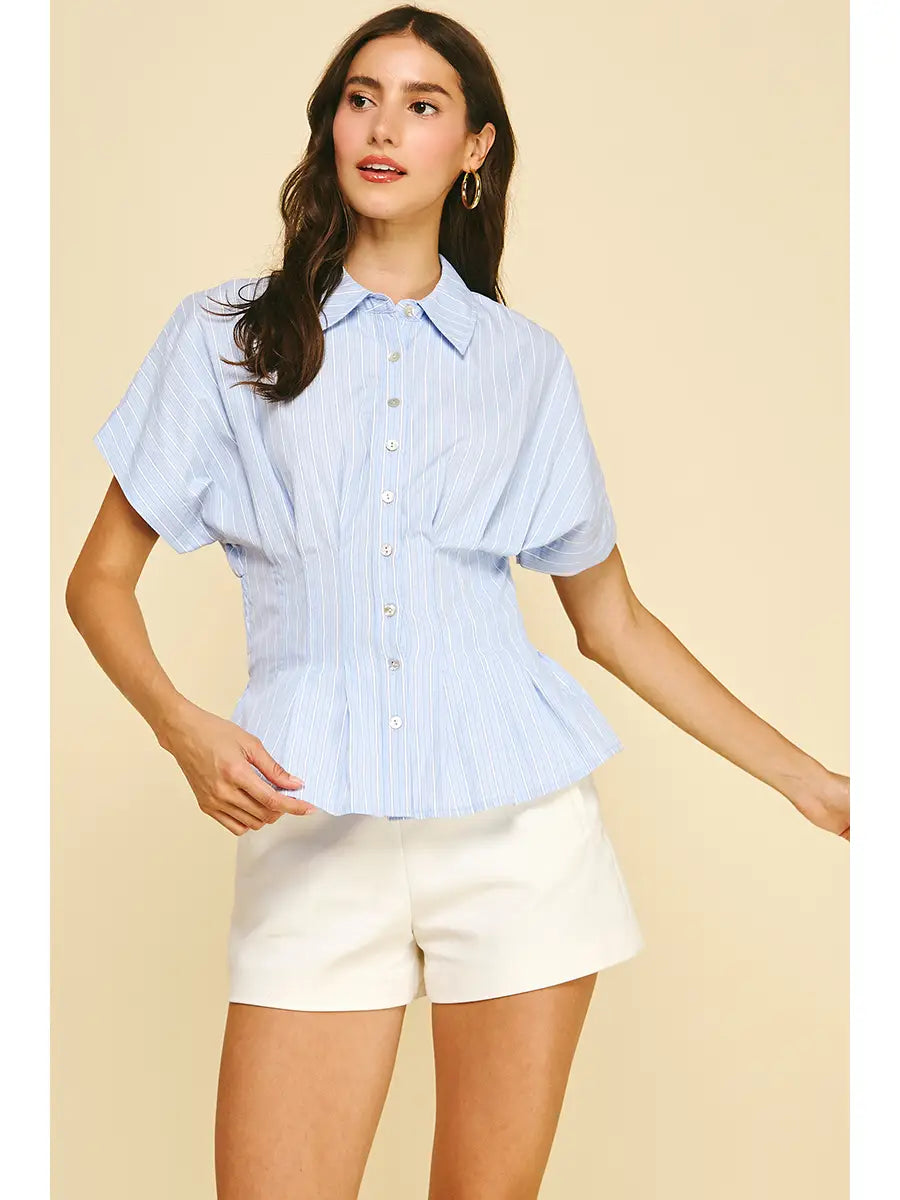 Stripe Button Down Shirt with Waistline Detail Pinch