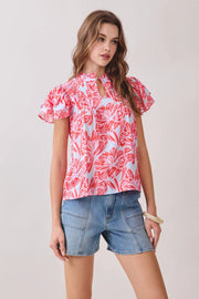 Floral Print Layered Ruffle Sleeves Split Neck Top TCEC