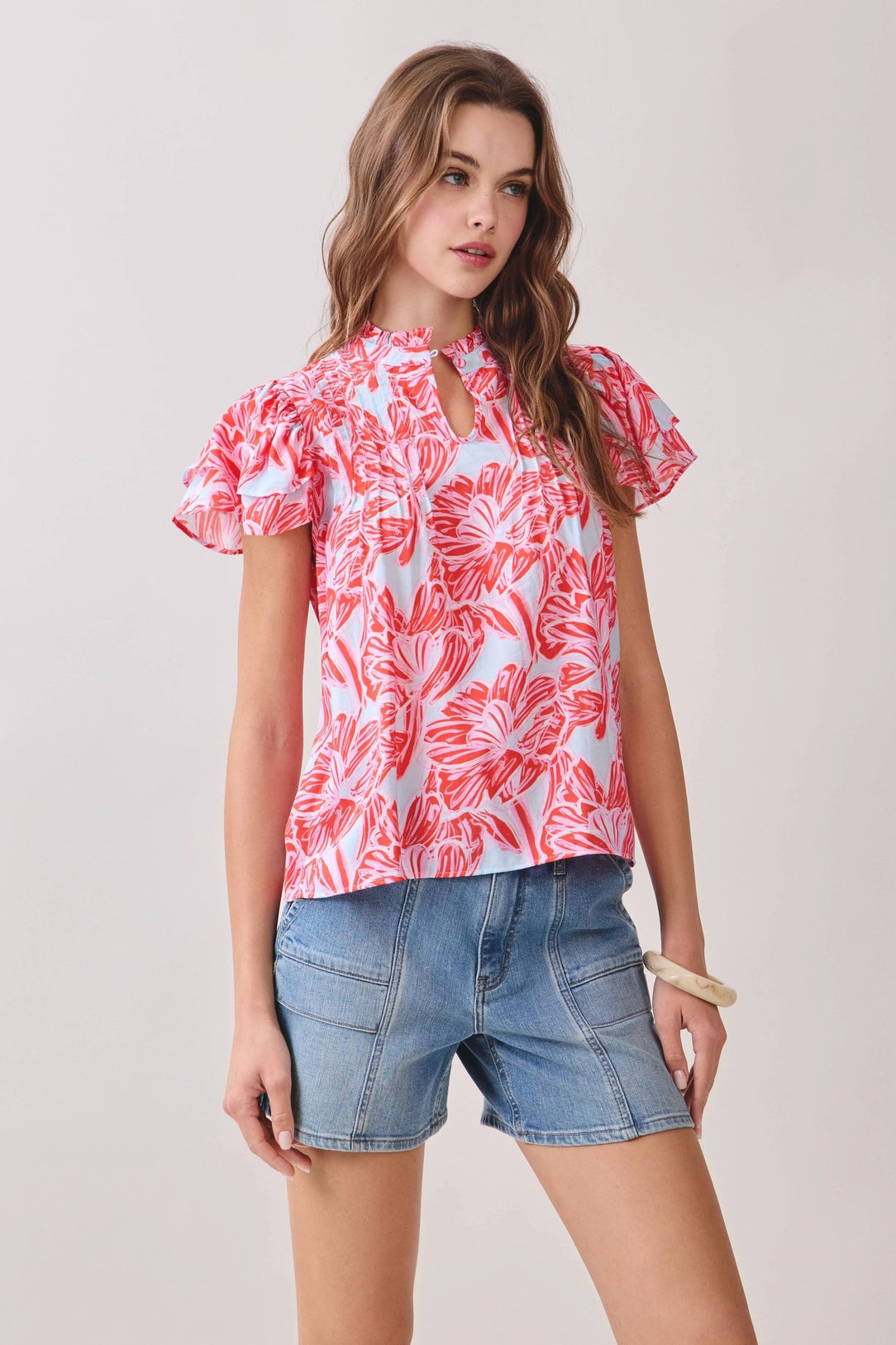 Floral Print Layered Ruffle Sleeves Split Neck Top TCEC