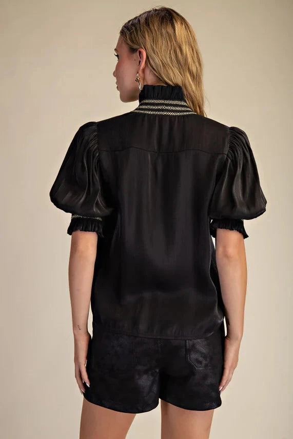 Ruffle V-Neck Smocked Puff Sleeve Blouse Glam