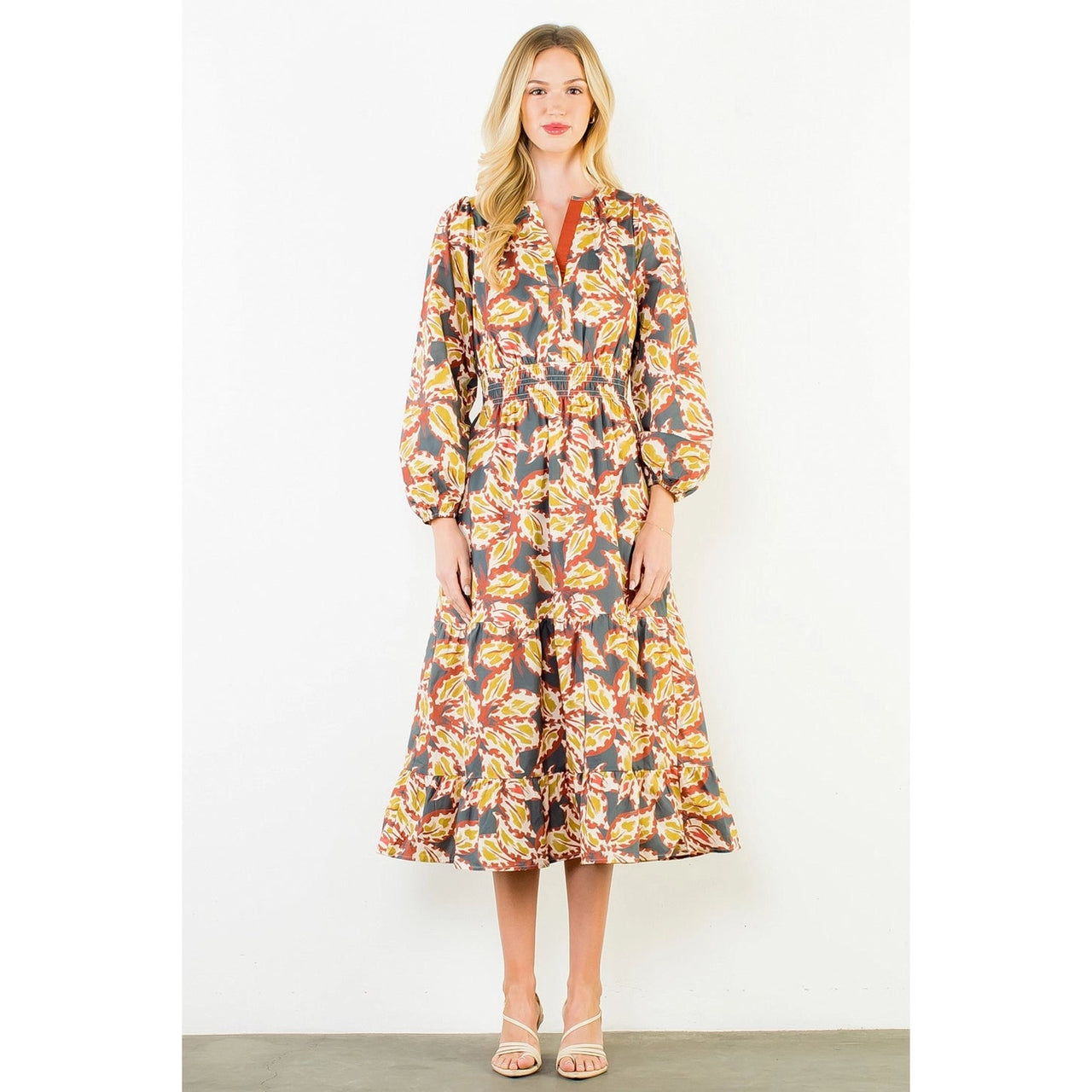 Leaf Print Cinched Waist Maxi Dress THML
