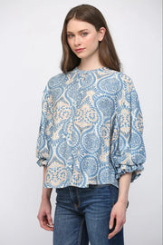 Damask Print Balloon Sleeve Blouse Fate