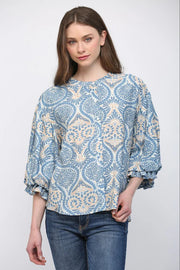 Damask Print Balloon Sleeve Blouse Fate