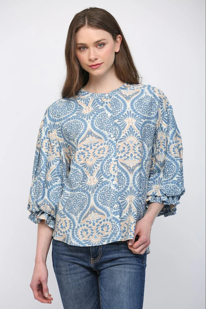 Damask Print Balloon Sleeve Blouse Fate