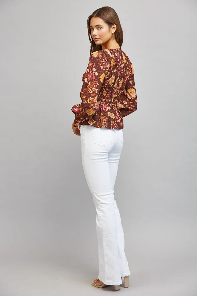 Floral Print Smocked Bodice Peplum Blouse Fate