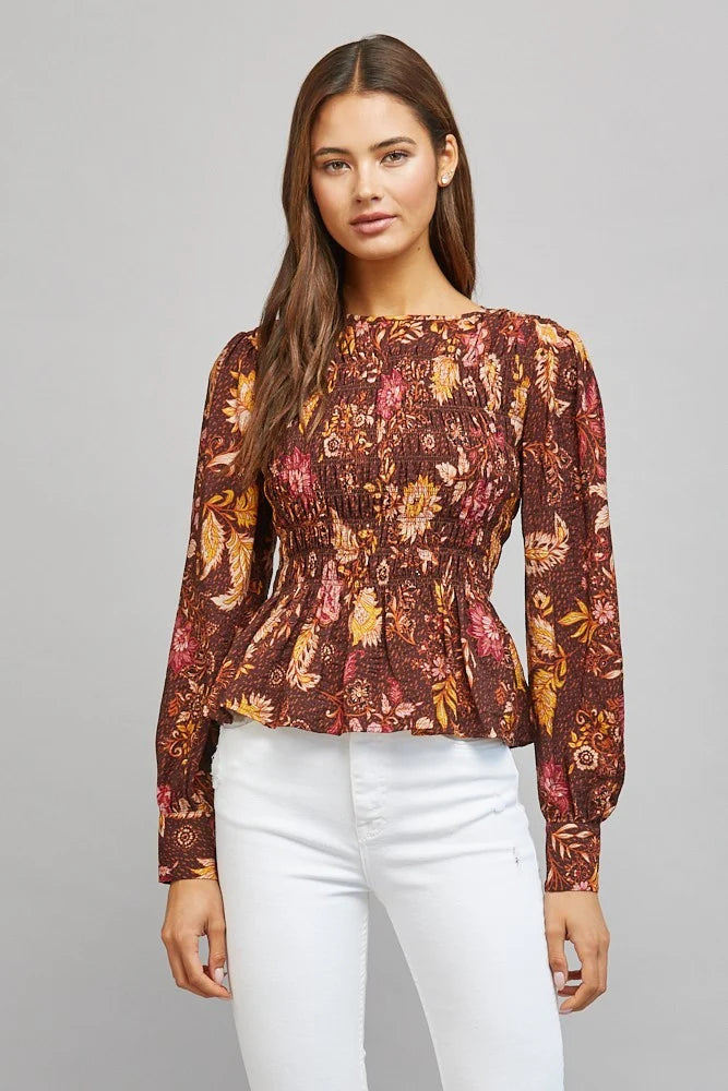 Floral Print Smocked Bodice Peplum Blouse Fate