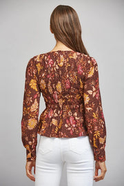 Floral Print Smocked Bodice Peplum Blouse Fate