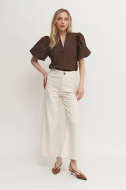 Textured Puff Sleeve V-Neck Blouse Glam