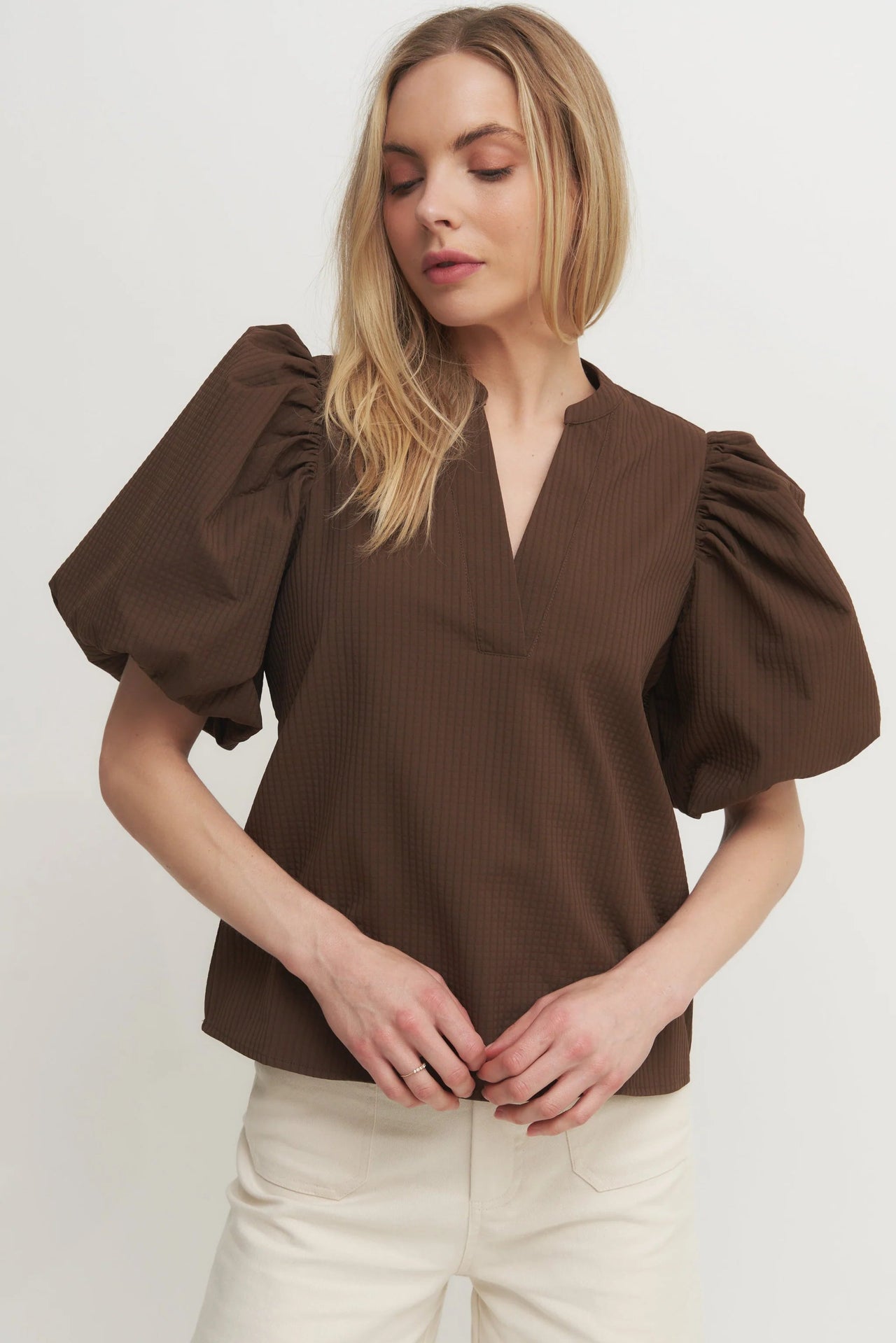 Textured Puff Sleeve V-Neck Blouse Glam