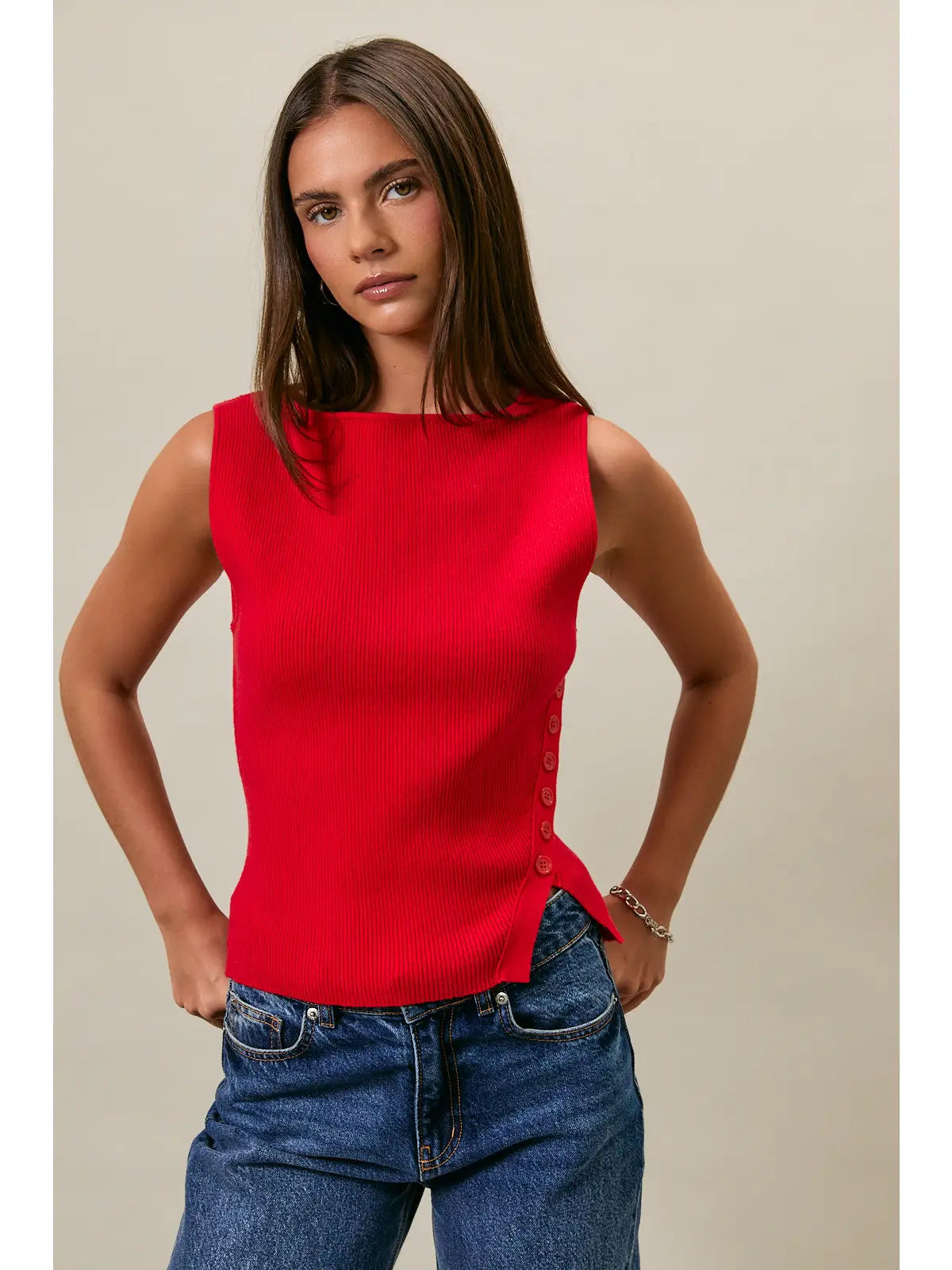 Boat Neck Button Down Sleeveless Sweater Top Le Lis