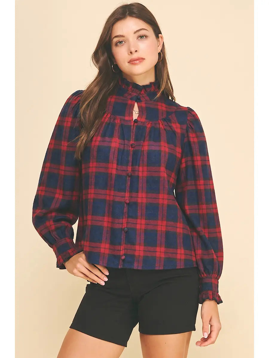 Plaid Ruffled Mock Neck Shirt Pinch