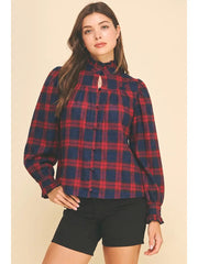 Plaid Ruffled Mock Neck Shirt Pinch
