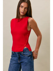 Boat Neck Button Down Sleeveless Sweater Top Le Lis