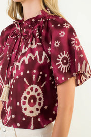 Short Sleeve Print Tie Tassel Top THML