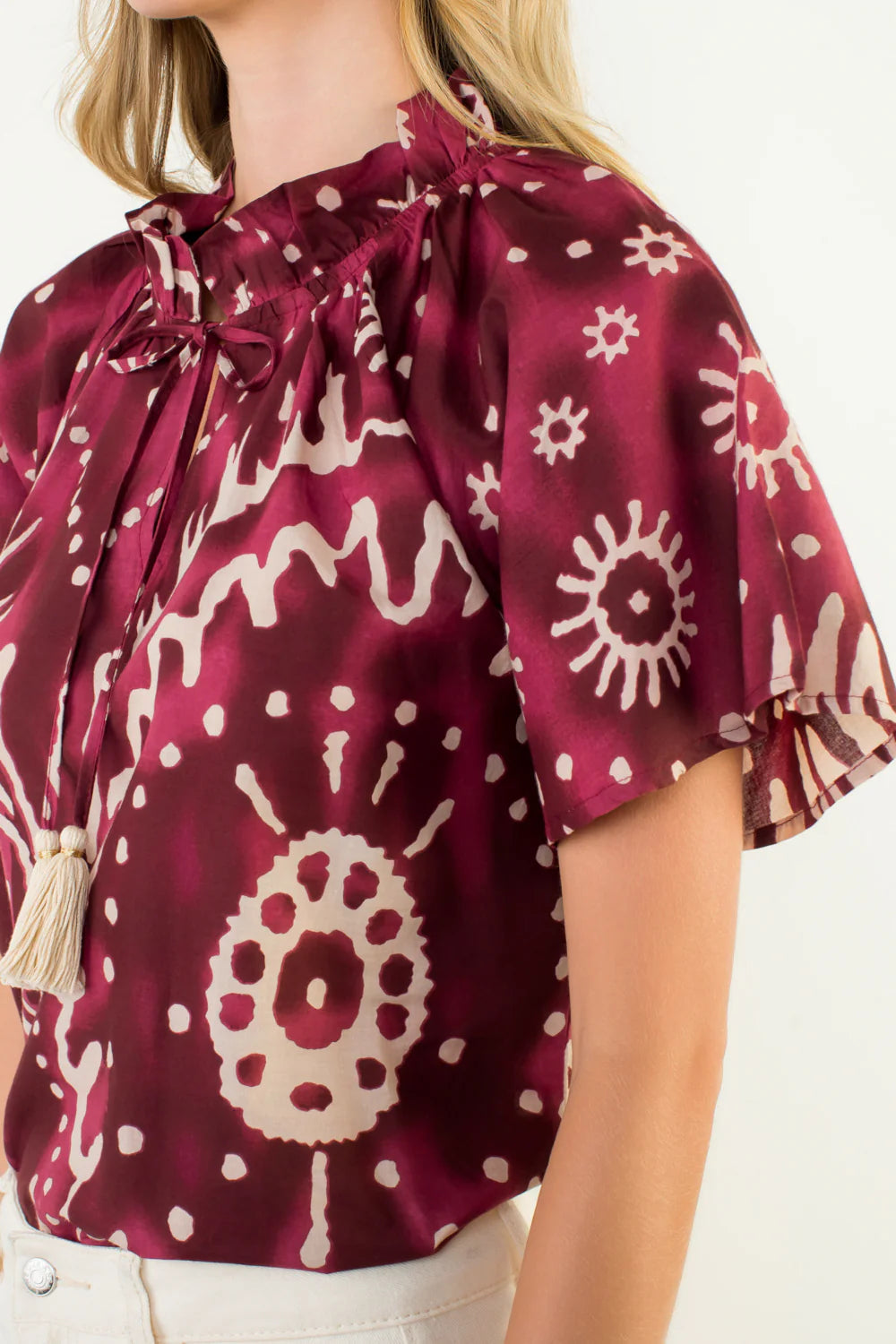 Short Sleeve Print Tie Tassel Top THML