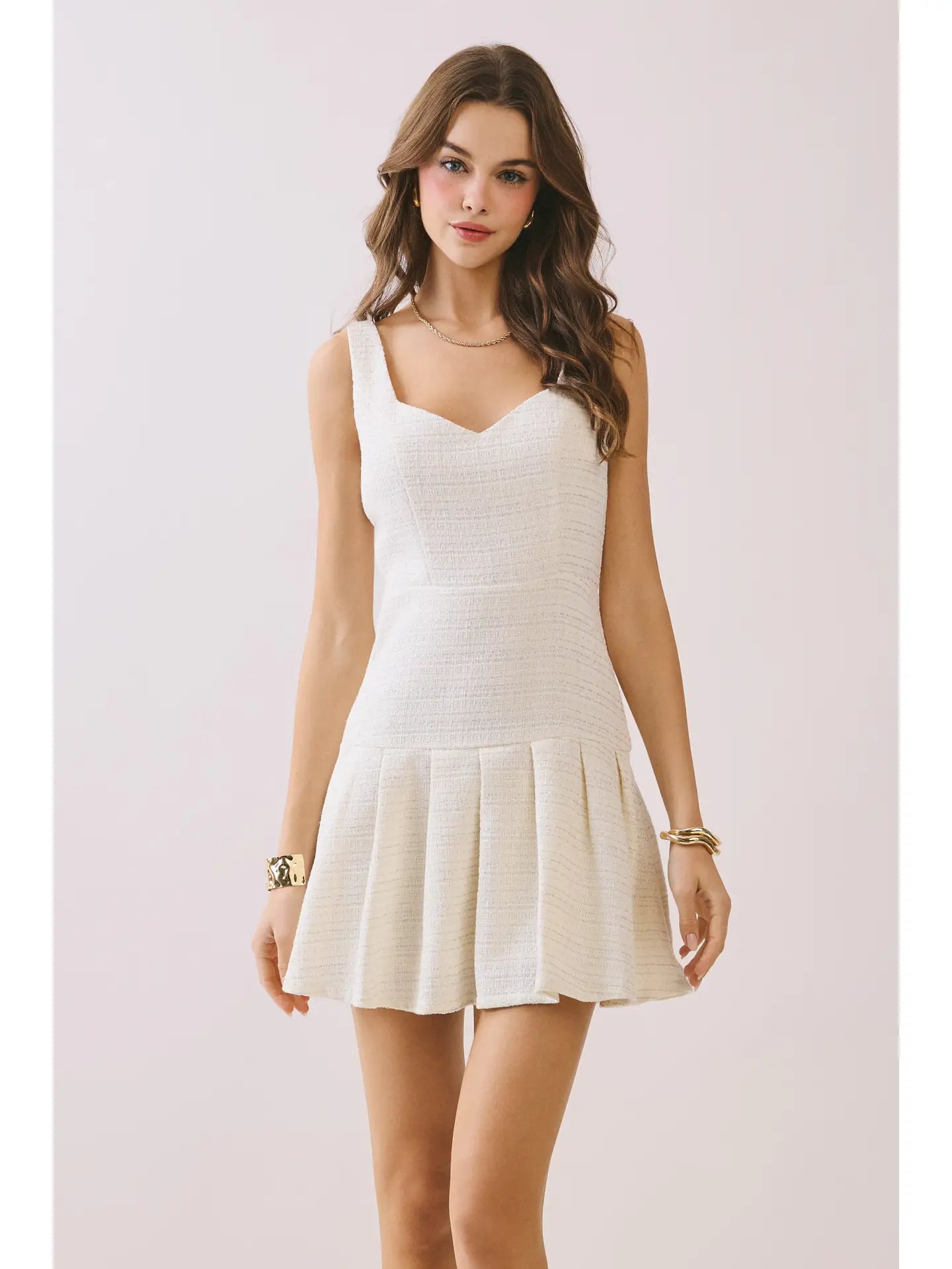 Tweed Pleated Flounce Skirt Sweetheart Neck Dress TCEC