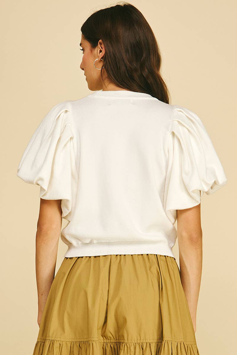 Crew Neck Puff Sleeve Ribbed Top Pinch